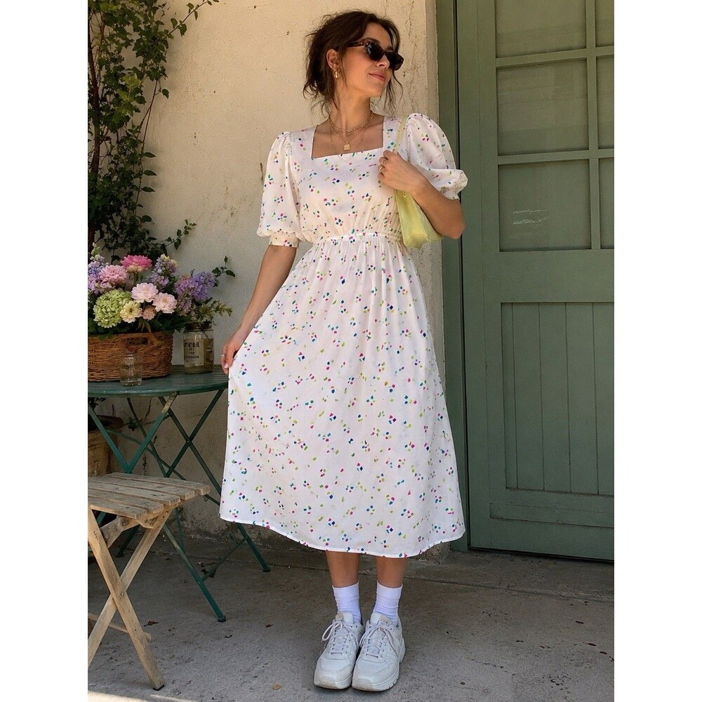 Vintage Liz Claiborne Confetti Print Puff Sleeve Midi Dress White Retro Party 8